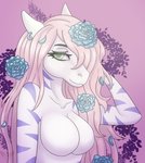 anthro anthrofied blue_body blue_fur breasts detailed_background ear_piercing ear_ring female flower fur green_eyes hair hair_over_eye hand_behind_head looking_at_viewer multicolored_body multicolored_fur one_eye_obstructed piercing pink_hair plant ring_piercing rose_(flower) smile solo stripes two_tone_body two_tone_fur white_body white_fur deanwolfwood equestrian equid equine horse mammal half-length_portrait portrait