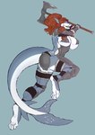 action_pose anthro armor axe big_breasts breasts clothed clothing feet female hair long_hair orange_hair pose skimpy solo spots tail teeth unconvincing_armor wolfiree huntress_(nutty_butty) blue_shark fish great_white_shark mackerel_shark marine requiem_shark shark white_shark absurd_res hi_res