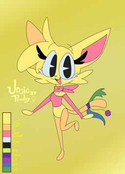 accessory anthro blonde_hair blue_eyes blue_tail breasts cheek_tuft clothing eyebrow_through_hair eyebrows eyelashes facial_tuft featureless_breasts female fur furgonomics green_tail hair kerchief multi_tail neckerchief neckwear orange_legs orange_tail red_clothing red_shirt red_topwear shirt smile solo tail tail_accessory tail_tuft text topwear translucent translucent_hair tuft yellow_body yellow_fur toddjackjuster josie_penday domestic_cat felid feline felis mammal absurd_res english_text hi_res model_sheet