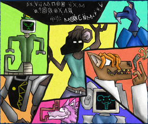 anthro armor belt blue_body blue_bottomwear blue_clothing blue_fur blue_pants blue_shirt blue_teeth blue_topwear bodily_fluids bottomwear brown_body brown_fur brown_hair claws clothed clothing coat dreadlocks drugs ear_fur eyewear female frown fur glasses green_clothing green_coat green_eyes green_topwear grey_body grey_skin group hair hat headgear headwear large_fangs long_tongue looking_at_viewer machine male marijuana missing_face muscular no_underwear orange_hair pants pink_body pink_eyes pink_fur pink_inner_ear pink_nose robot_arm sagging_pants shirt slim smile smoking symbol tears teeth text tongue topwear unusual_teeth visor wearing_glasses yellow_claws yellow_eyes yellow_teeth cosmicpelt microsoft minecraft mojang xbox_game_studios animal_humanoid bat elephant elephantid humanoid hybrid hyena hyena_humanoid mammal mammal_humanoid monitor_head proboscidean protogen reptile reptile_humanoid robot_anthro rodent rodent_humanoid scalie scalie_humanoid sergal snake snake_humanoid 6:5 absurd_res character_cipher digital_media_(artwork) digital_painting_(artwork) hi_res painting_(artwork)
