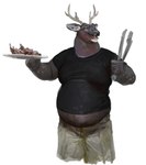 anthro antlers belly black_clothing black_shirt black_topwear bottomwear clothed clothing food fully_clothed fur grey_body grey_fur holding_object holding_plate horn male meat open_mouth overweight overweight_anthro overweight_male pants plate shirt simple_background smile solo standing tongs tools topwear white_background cettus deer mammal 2024