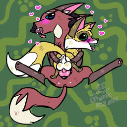 animal_genitalia animal_vulva anus backsack balls blue_eyes brown_body brown_fur butt canine_genitalia canine_vulva duo female feral fur genitals glistening glistening_balls glistening_genitalia green_eyes heart_symbol knot knotted_penis knotting larger_female long_legs lying male male/female on_back pawpads paws penis size_difference slim smaller_male spread_legs spreading tall tongue tongue_out upside_down_vulva vulva yellow_body yellow_fur blizzate animal_jam wildworks canid canine fox mammal maned_wolf low_res