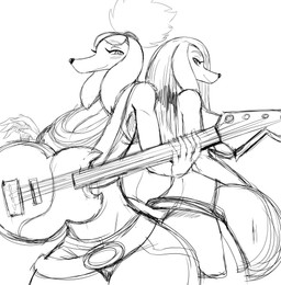 anthro bass_guitar big_breasts breasts clothing duo eyewear female fur guitar hair holding_musical_instrument holding_object musical_instrument playing_guitar playing_music plucked_string_instrument simple_background smile string_instrument sunglasses white_background sssonic2 kristy_(sssonic2) victoria_(sssonic2) canid canine canis domestic_dog mammal hi_res monochrome unavailable_at_source