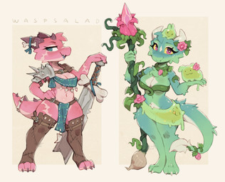 3_toes anthro barefoot biped breasts claws clothed clothed_anthro clothed_female clothing digitigrade duo feet female finger_claws fingers footwear front_view fur hair horn looking_at_viewer medium_breasts navel non-mammal_breasts non-mammal_navel scales small_breasts smile standing tail teeth thick_thighs toe_claws toeless_footwear toes tongue wide_hips waspsalad kobold scalie 2026 digital_drawing_(artwork) digital_media_(artwork) hi_res