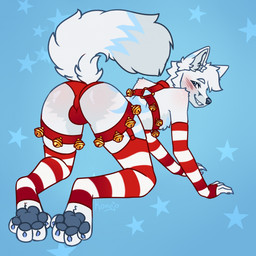 all_fours anthro armwear black_nose blue_claws blue_eyes blue_markings blush bulge bulge_from_behind butt claws clothing detailed_bulge fur grey_markings grey_pawpads harness head_tuft legwear looking_back male markings panties pattern_armwear pattern_clothing pattern_legwear pattern_stockings pawpads paws raised_tail rear_view red_clothing red_panties red_underwear simple_background skinny_male solo stockings striped_armwear striped_clothing striped_legwear striped_stockings stripes tail tuft underwear white_body white_fur konejo arctic_fox canid canine fox mammal true_fox 2025 colored digital_drawing_(artwork) digital_media_(artwork) flat_colors hi_res