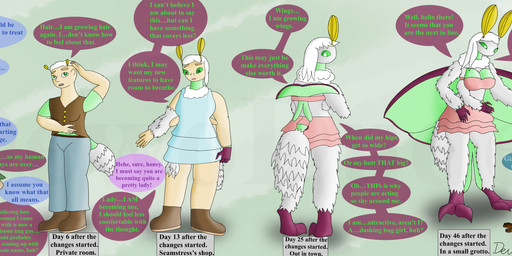 4_arms antennae_(anatomy) anthro bald big_breasts black_body black_hair black_skin breast_growth breasts clothed clothing crossgender dialogue digitigrade duo fantasy fantasy_world female fur gender_transformation green_eyes greeting growth hair male mtf_crossgender mtf_transformation multi_arm multi_limb multicolored_body skimpy slow_transformation speech_bubble text transformation transformation_sequence white_body white_fur white_hair white_skin wings dewodude arthropod human insect lepidopteran luna_moth mammal moth saturniid absurd_res english_text hi_res