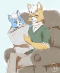 anthro black_nose blue_body blue_fur brown_body brown_fur chair daww duo eyes_closed eyewear fur furniture glasses green_eyes hair happy male open_mouth short_hair sitting white_body white_fur white_hair kokoro-tokoro nintendo star_fox fox_mccloud marcus_mccloud canid canine fox mammal father_(lore) parent_(lore) son_(lore)