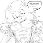 1:1 abs ambiguous_gender anthro bedroom_eyes blush clothing clothing_grab dialogue disembodied_hand duo english_text eulipotyphlan first_person_view hedgehog hi_res lying male mammal monochrome moobs muscular muscular_male narrowed_eyes offscreen_character on_back pecs seductive sega soina solo_focus sonic_the_hedgehog sonic_the_hedgehog_(series) tearing_clothing text torn_clothing