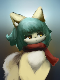 :3 anthro bangs black_eyes black_nose blue_hair chest_tuft eyelashes female female_anthro fur hair hands_on_legs hands_on_thighs inner_ear_fluff kemono looking_away mouth_closed nude orange_eyes red_scarf scarf smile solo standing tail tuft white_body white_fur white_inner_ear_fluff white_tail yellow_body yellow_fur yellow_tail hasukii canid canine mammal 3:4 character_request unfinished