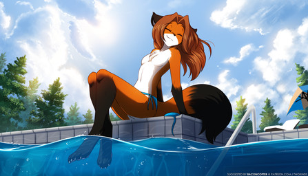 4_toes anthro beach bikini bikini_bottom bikini_bottom_only black_body black_fur breasts chest_tuft claws clothed clothing detailed_background digitigrade eyes_closed featureless_breasts feet female female_anthro fur gloves_(marking) leaning leaning_backward leg_markings markings multicolored_body multicolored_fur navel outside partially_submerged pawpads paws pier red_body red_fur seaside sitting small_breasts smile socks_(marking) solo swimming_pool swimwear text toe_claws toes topless topless_female tuft two-piece_swimsuit water white_body white_fur wind conditional_dnp tom_fischbach twokinds laura_(twokinds) canid canine fox keidran mammal red_fox true_fox 2022 adobe_photoshop_(artwork) colored digital_media_(artwork) hi_res url