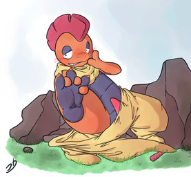 3_toes blush clothed clothing embarrased_horny embarrassed erection feet foot_focus genitals grass looking_at_viewer male penis plant plantigrade presenting rock scarf simple_background smile soles solo toes stormdragonblue nintendo pokemon generation_5_pokemon pokemon_(species) scrafty 2011 digital_media_(artwork) hi_res
