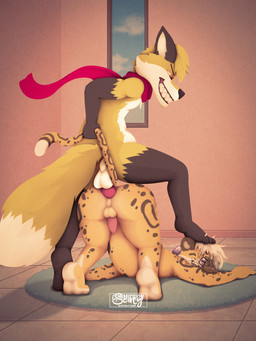 anal anal_penetration anthro ass_up balls black_body black_fur butt dipstick_tail duo eyewear feces feces_on_face feces_pile feet floor foot_on_head fur genitals glasses hair inner_ear_fluff looking_down looking_down_at_another male male/male markings narrowed_eyes orange_body orange_fur penetration penile penile_penetration penis penis_in_ass perineum pink_eyes purple_hair red_scarf scarf sharp_teeth spots spotted_body spotted_fur tail tail_markings tail_pull teeth text tile tile_floor tuft wearing_glasses white_body white_fur white_hair white_inner_ear_fluff yellow_body yellow_fur scaty chisoku canid canine cheetah felid feline fox mammal 3:4 absurd_res artist_name hi_res