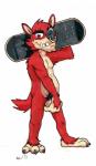 anthro balls facial_piercing genitals looking_at_viewer male nose_piercing nose_ring piercing ring_piercing simple_background skateboard slightly_chubby smile solo vehicle cobaltcerberus atlus go!_go!_hypergrind sega decker canid canine canis mammal wolf 2015 hi_res