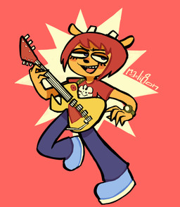 bottomwear clock clothed clothing electric_guitar eyelashes female footwear fur guitar hair half-closed_eyes holding_guitar holding_musical_instrument holding_object musical_instrument narrowed_eyes open_mouth open_smile orange_body orange_fur pants plucked_string_instrument red_hair shirt shoes smile string_instrument topwear watch wristwatch radiation_(artist) parappa_the_rapper sony_corporation sony_interactive_entertainment um_jammer_lammy lammy_lamb bovid caprine mammal sheep hi_res