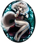 anthro blush bottomwear clothing digitigrade dress eyeshadow female fluffy fluffy_tail fur grey_body grey_ears grey_fur grey_hair hair long_hair looking_at_viewer makeup narrowed_eyes red_sclera simple_background skirt slavic solo tail underwear white_background white_body white_eyes white_fur vixvixart helluva_boss mythology loona_(helluva_boss) canid canid_demon canine demon hellhound mammal mythological_canine mythological_creature hi_res