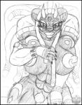 anthro big_breasts black_border border bracelet breasts eyewear female glasses jewelry multi_arm multi_limb muscular muscular_female nipple_piercing nipples nude piercing solo text mike_argentum_(artist) dungeons_and_dragons hasbro wizards_of_the_coast rosamund coeurl demon displacer_beast english_text hi_res monochrome sketch