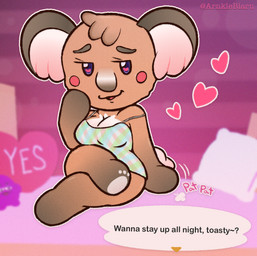 anthro bed bedroom_eyes blush breasts brown_body brown_fur cleavage clothed clothing crossed_legs dialogue dress female fur furniture glistening glistening_eyes head_tuft heart_eyes heart_symbol inviting inviting_to_bed multicolored_body multicolored_fur narrowed_eyes nightgown pawpads pillow seductive short_stack smile smiling_at_viewer smug solo speech_bubble text tuft wide_hips yes-no_pillow yes_pillow arnkleblarn animal_crossing nintendo melba_(animal_crossing) koala mammal marsupial vombatiform english_text hi_res meme
