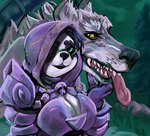 anthro armor breasts cleavage clothed clothing eyewear female glasses green_background green_eyes green_sky hood mature_female purple_clothing simple_background sky solo teeth tongue lostwisdom blizzard_entertainment warcraft bear canid canine dire_wolf giant_panda mammal pandaren prehistoric_species digital_media_(artwork) portrait