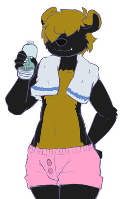 anthro bottle bottomwear clothing container fangs hair hair_over_eyes male shorts smile solo teeth towel towel_around_neck water_bottle haiku_oezu lounge_d._aughter mammal mustelid otter hi_res source_request unavailable_at_source