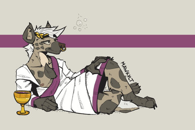 alcohol alcohol_consumption anthro barefoot beverage bubble container cup drunk drunk_bubble ears_up facial_piercing feet goblet hair laurel_wreath lying male nose_piercing nose_ring on_back piercing ring_piercing rome septum_piercing septum_ring smile solo substance_intoxication tail white_hair wine mawkvlt kolya_yeen_(mawkvlt) hyena mammal spotted_hyena 3:2 hi_res