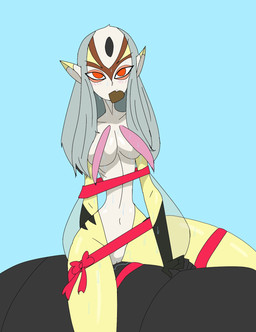arm_fin black_hands black_markings blush bow_tie breasts candy chest_tuft chocolate chocolate_heart dessert external_gills facial_markings female fin food forehead_markings genitals gills grey_hair hair head_markings holding_in_mouth long_hair markings multicolored_body navel pointy_ears red_eyes red_markings ribbons sitting slim solo tuft vulva wet white_body white_hair wrappings yellow_body heavy147 blue_submarine_no._6 mutio animal_humanoid aquatic aquatic_humanoid fish fish_humanoid humanoid hybrid hi_res