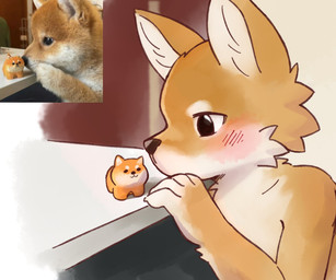 4_fingers ambiguous_gender anthro black_eyes black_nose blush cheek_tuft facial_tuft fingers furniture nude solo table tuft young arnd_dawn canid canine canis domestic_dog mammal shiba_inu spitz 6:5 colored colored_sketch digital_drawing_(artwork) digital_media_(artwork) hi_res reference_image shaded sketch