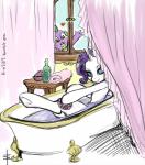 bath bathroom bathtub blue_eyes blush claw_foot_bathtub duo female feral fur hair heart_symbol horn inside purple_hair water white_body white_fur window tt-n friendship_is_magic hasbro my_little_pony mythology rarity_(mlp) spike_(mlp) dragon equid equine mammal mythological_creature mythological_equine mythological_scalie scalie unicorn