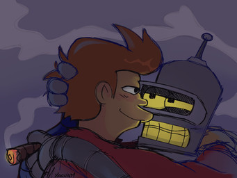 blush duo grey_background hair happy machine male male/male orange_hair simple_background smile smoke yacuam-fanarts comedy_central futurama bender_bending_rodríguez philip_j._fry human humanoid mammal robot robot_humanoid 4:3