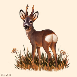 antlers black_eyes black_nose brown_body brown_fur butt feral fur grass horn male markings plant simple_background solo tan_body tan_fur white_background white_butt white_markings alexpahomov deer mammal new_world_deer roe_deer 2023