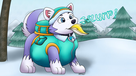 backpack belly bloated clothing costume female feral hat headgear headwear simple_background slurping solo swallowing vore young wackyzacky paw_patrol everest_(paw_patrol) canid canine canis domestic_dog husky mammal nordic_sled_dog spitz absurd_res hi_res unavailable_at_source