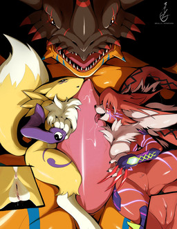 anthro anus armor big_penis blue_eyes body_armor body_worship breast_grab breasts butt butt_shot clothing female female_anthro fur gauntlets genital_worship genitals gloves group group_sex hand_on_breast handwear huge_penis hyper hyper_genitalia hyper_penis larger_male male male/female male_anthro markings orange_body orange_fur orange_skin panel_skew penile penis penis_worship red_eyes sex size_difference threesome trio vulva yellow_body yellow_fur eryz bandai_namco digimon canid canine digimon_(species) domestic_cat felid feline felis fox geogreymon mammal meicrackmon meicrackmon_vicious_mode renamon reptile scalie absurd_res digital_media_(artwork) hi_res watermark