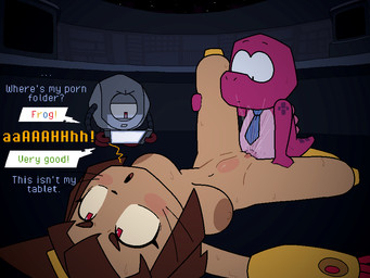 abdominal_bulge accessory ahegao anthro blush bodily_fluids breasts brown_hair brown_nipples clitoris confusion console dialogue duo_focus ejaculation electronics eyes_rolled_up eyewear eyewear_on_head female from_front_position genital_fluids genitals goggles goggles_on_head group hair holding_both_legs looking_at_object looking_at_phone looking_pleasured lying machine magenta_body magenta_scales male male/female metallic_body missionary_position moan monitor multicolored_body necktie nipples nude on_back on_ground penetration penile penile_penetration penis penis_in_vagina phone sex spacecraft speech_bubble spread_legs spreading star sweat text three-quarter_view trio vaginal vaginal_fluids vaginal_penetration vaginal_squirting vehicle vulva whiskers window wtperv gameoverse glitch_productions gobbles_(gameoverse) kaboodle_(gameoverse) kit_bodega animal_humanoid cat_humanoid dinosaur felid felid_humanoid feline feline_humanoid humanoid mammal mammal_humanoid prehistoric_species reptile robot scalie sphere_creature 2026 4:3 colored english_text hi_res