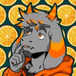 anthro beard blep clothed clothing facial_hair fangs floppy_ears food fruit fur goatee grey_beard grey_body grey_facial_hair grey_fur grey_hair hair highlights_(coloring) hoodie horn male orange_(fruit) orange_clothing orange_eyes orange_highlights orange_hoodie orange_horn orange_stripes orange_topwear pattern_background plant simple_background solo stripes teeth tongue tongue_out topwear kalivasquez gusta_(gusta) bovid caprine goat mammal 1:1 2022 bust_portrait cel_shading digital_drawing_(artwork) digital_media_(artwork) portrait shaded