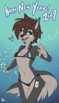 2019 anthro barely_visible_areola bikini blue_eyes breasts brown_hair canid canine canis clothed clothing conditional_dnp countershading digital_media_(artwork) exposure_variation fangs female fluff-kevlar fur greeting hair holidays mammal markings navel neck_muscles new_year simple_background small_breasts smile solo standing swimwear tala_(fluff-kevlar) teeth text tribal tribal_markings under_boob wolf