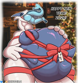 ambiguous_gender anthro anthro_pred anthro_prey areola areola_slip belly belly_grab big_belly big_breasts blue_areola blue_belly blue_body blue_breasts border bow_ribbon breasts death duo female female_pred group holidays huge_belly intersex intersex/female larger_anthro larger_female larger_pred ribbons size_difference smaller_anthro thick_thighs vore white_border hungry_honima new_year nintendo pokemon eeveelution generation_1_pokemon generation_2_pokemon legendary_pokemon lugia pokemon_(species) vaporeon hi_res