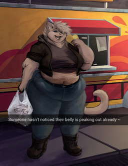 anthro belly belt big_breasts biped boots bottomwear breasts clothing denim denim_bottomwear denim_clothing duo eyes_closed female fingers footwear fur grey_body grey_fur grey_hair hair jacket jeans obese obese_anthro obese_female overweight overweight_anthro overweight_female pants shirt shoes solo standing thick_thighs tight_clothing topwear silverfang725 anna_mercury domestic_cat felid feline felis mammal 2023 clip_studio_paint_(artwork) digital_media_(artwork) hi_res shaded