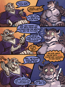 anthro barbell_piercing bathrobe biped blue_eyes clothed clothing dialogue duo eyebrow_piercing facial_piercing fur jockstrap jockstrap_only male muscular muscular_anthro muscular_male nipples offscreen_character orange_body orange_fur partially_clothed_anthro partially_clothed_male pecs phone_call piercing product_placement robe sitting speech_bubble striped_body striped_fur stripes surprised text thought_bubble topless underwear underwear_only white_body white_fur yellow_eyes nanoff instagram miles_(nanoff) xavier_(nanoff) felid mammal pantherine tiger 2026 comic english_text hi_res multiple_scenes