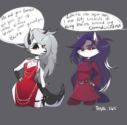 age_difference anthro belt black_nose bottomwear bracelet clothed clothing collar dialogue dress duo ear_piercing eyebrow_through_hair eyebrows eyelashes female fully_clothed fur grey_background grey_body grey_fur grey_hair hair half-closed_eyes hand_on_hip jewelry legband long_hair looking_aside looking_at_another multicolored_body multicolored_fur narrowed_eyes necklace notched_ear older_female open_mouth piercing purple_hair red_bottomwear red_clothing red_dress red_sclera red_skirt red_sweater red_topwear simple_background skirt speech_bubble spiked_bracelet spiked_collar spikes sweater text thighband topwear translucent translucent_hair twitter_handle two_tone_body two_tone_fur white_body white_eyes white_fur younger_female peyg_sus hellaverse helluva_boss mythology fan_character loona_(helluva_boss) canid canid_demon canine demon hellhound mammal mythological_canine mythological_creature 2026 artist_name english_text daughter_(lore) mother_(lore) mother_and_child_(lore) mother_and_daughter_(lore) parent_(lore) parent_and_child_(lore) parent_and_daughter_(lore)