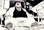 anthro beard belly big_belly bottomwear bulge clothing detailed_background electric_fan facial_hair feet inside kemono male mature_male mustache overweight overweight_male shirt shorts sitting solo topwear yamakake love_mechanic tom_(lm) bear mammal 2023