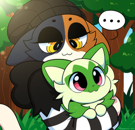 ambiguous_gender anthro duo feral forest forest_background happy holding_cat nature nature_background outside plant smile tree puppysnackz epic_games fortnite nintendo pokemon meow_skulls domestic_cat felid feline felis generation_9_pokemon mammal pokemon_(species) sprigatito hi_res female_(lore)