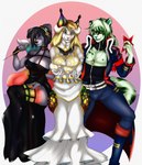 anthro big_breasts black_nose blue_eyes blue_nose boots bottomwear breasts calico_pattern clothed clothing cosplay dress ear_tuft exposed_thighs female footwear fur gold_headwear green_body green_eyes green_fur grey_body grey_fur group hair horn inner_ear_fluff jacket jewelry legwear male markings moon_(marking) multicolored_body multicolored_fur multicolored_hair multicolored_tail multiple_belts necklace open_clothing open_jacket open_topwear pants pink_nose shoes simple_background spots stiletto_(weapon) stripes tail thigh_highs tight_bottomwear tight_clothing tight_pants topwear trio tuft white_body white_fur pixie_awww overlord_(series) spy_x_family tengen_toppa_gurren_lagann albedo_(overlord) cherry_(fzzr) fzzr simon_(gurren_lagann) stormbreak yor_forger border_collie canid canine canis collie domestic_dog felid feline herding_dog lynx mammal pantherine pastoral_dog sheepdog tiger 2025 absurd_res digital_media_(artwork) hi_res