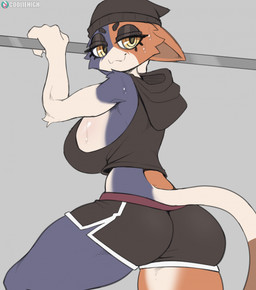 anthro arm_tuft beanie black_eyebrows bodily_fluids bottomwear breasts butt butt_pose cheek_tuft circle_eyebrows clothed clothing ears_back eyebrows eyelashes eyeshadow facial_tuft female fully_clothed hat headgear headwear hoodie hotpants leaning_on_object looking_at_viewer looking_back makeup noseless pivoted_ears pole pose shorts shoulder_tuft side_boob simple_background skimpy smile solo standing sweat tail three-quarter_view toony topwear tuft cooliehigh epic_games fortnite meow_skulls calico_cat domestic_cat felid feline felis mammal 2023 digital_drawing_(artwork) digital_media_(artwork) hi_res pinup portrait three-quarter_portrait