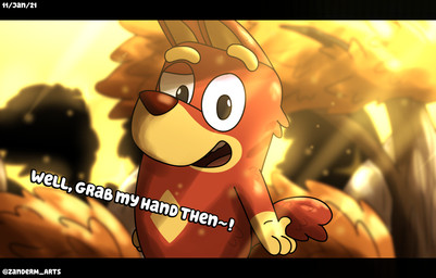 anthro dialogue dipstick_limbs fluffy fluffy_tail forest fur fur_tuft happy looking_at_viewer male multicolored_body multicolored_fur open_mouth plant red_body red_fur rock semi-anthro smile solo tail tail_tuft text tree tuft wind zandermanith bluey_(series) rusty_(bluey) australian_kelpie canid canine canis domestic_dog herding_dog mammal pastoral_dog sheepdog 2021 digital_media_(artwork) english_text hi_res signature widescreen