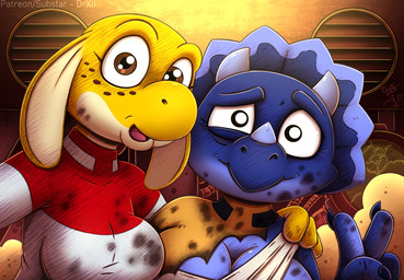 anthro bandage big_breasts breasts claws cleavage clothed clothing duo female horn jumpsuit looking_at_viewer non-mammal_breasts selfie smile drake_fenwick drxii third-party_edit kobold_quest banana_kobold kobold reptile scalie color_edit colored digital_media_(artwork) hi_res