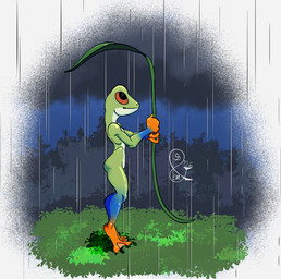 anthro detailed_background female green_body leaf multicolored_body no_fur not_furry nude nude_anthro orange_eyes outside raining sky smile solo swingandamiss amphibian frog digital_drawing_(artwork) digital_media_(artwork) hi_res signature