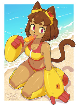 anthro beach bikini bikini_bralette blush blush_lines bob_cut bodily_fluids border breasts brown_body brown_fur brown_hair butt cleavage clothed clothing eyewear eyewear_on_head female food fur glistening glistening_body glistening_fur goggles goggles_on_head hair kneeling looking_at_viewer magenta_eyes navel pink_eyes plant popsicle sand scratches sea sky solo sweat swimwear tail thick_thighs tongue tongue_out tools tree two-piece_swimsuit water whiskers white_border meircmei gameoverse glitch_productions kit_bodega animal_humanoid cat_humanoid domestic_cat felid felid_humanoid feline feline_humanoid felis humanoid mammal mammal_humanoid 3:4 absurd_res digital_drawing_(artwork) digital_media_(artwork) hi_res signature
