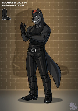 anthro belt biceps biker biker_boots biker_gloves black_belt black_body black_boots black_bottomwear black_clothing black_footwear black_fur black_gloves black_handwear black_leather black_pants black_shirt black_tank_top black_topwear boots bottomwear brick brick_background brick_wall clothing cocky cocky_grin cowboy cowboy_boots ear_piercing ear_ring eyebrows fangs flirting flirting_with_viewer footwear fur gloves green_eyes grin grinning_at_viewer hair handwear leather leather_boots leather_bottomwear leather_clothing leather_daddy leather_footwear leather_gloves leather_handwear leather_pants leather_shirt leather_topwear looking_at_viewer male manly mohawk muscular muscular_anthro muscular_male pants pecs piercing pose red_hair ring_piercing shadow shirt shoes smile smiling_at_viewer solo standing tail tank_top teeth thick_arms thick_eyebrows topwear wall_(structure) torrosketch hawkwolf canid canine canis mammal wolf hi_res