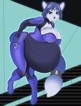 5_fingers anthro belly big_belly big_breasts black_nose blue_body blue_fur blue_hair bodysuit breasts cleavage clothed clothing female fingers fur hair huge_belly humanoid_hands pregnant pregnant_anthro pregnant_female skinsuit solo tight_clothing torn_clothing tauttum nintendo star_fox krystal_(star_fox) canid canine fox mammal 2023 hi_res