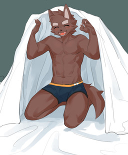 anthro blush brown_body brown_fur clothed clothing fur male smile solo tail teeth underwear joeyzliaotang canid canine mammal absurd_res hi_res