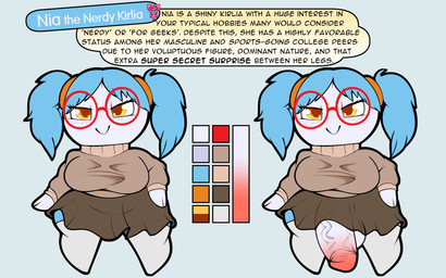 balls bottomwear breasts clothing eyewear genitals glasses gynomorph intersex nerd penis shortstack shortstack_gynomorph shortstack_intersex skirt solo text vein veiny_penis softestpuffss nintendo pokemon fan_character nia_(softestpuffss) generation_3_pokemon kirlia pokemon_(species) shiny_pokemon 16:10 absurd_res digital_media_(artwork) english_text hi_res model_sheet unavailable_at_source widescreen